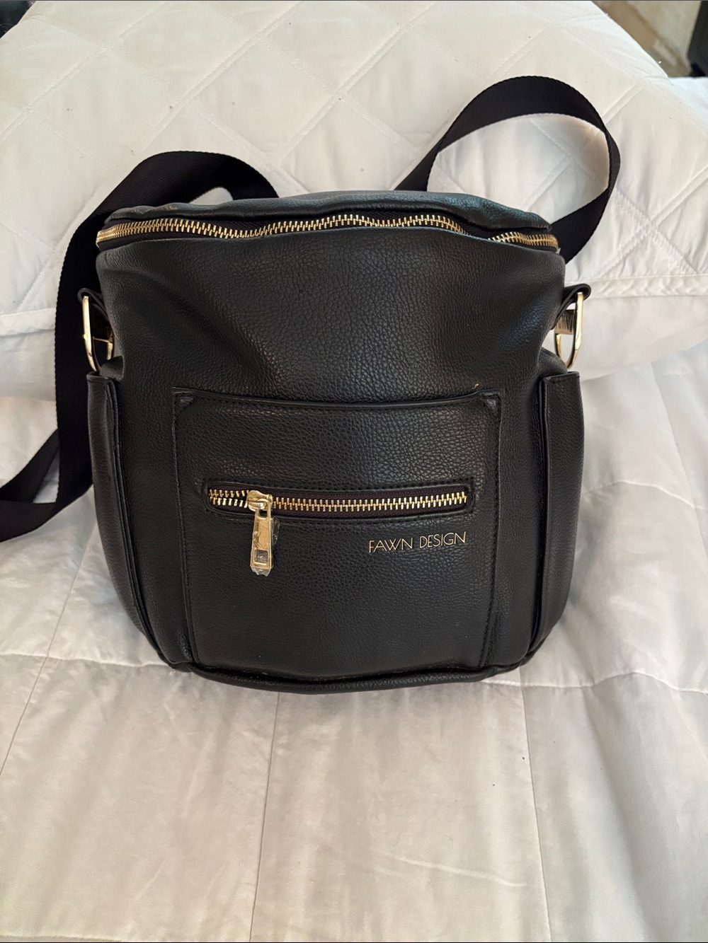 Fawn Design Black Leather Back Pack with Gold Accents